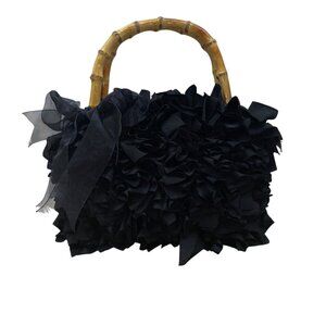 Braciano Black Ruffled Lining Bamboo Handles & Sheer Ribbon Accent Handbag Sz S